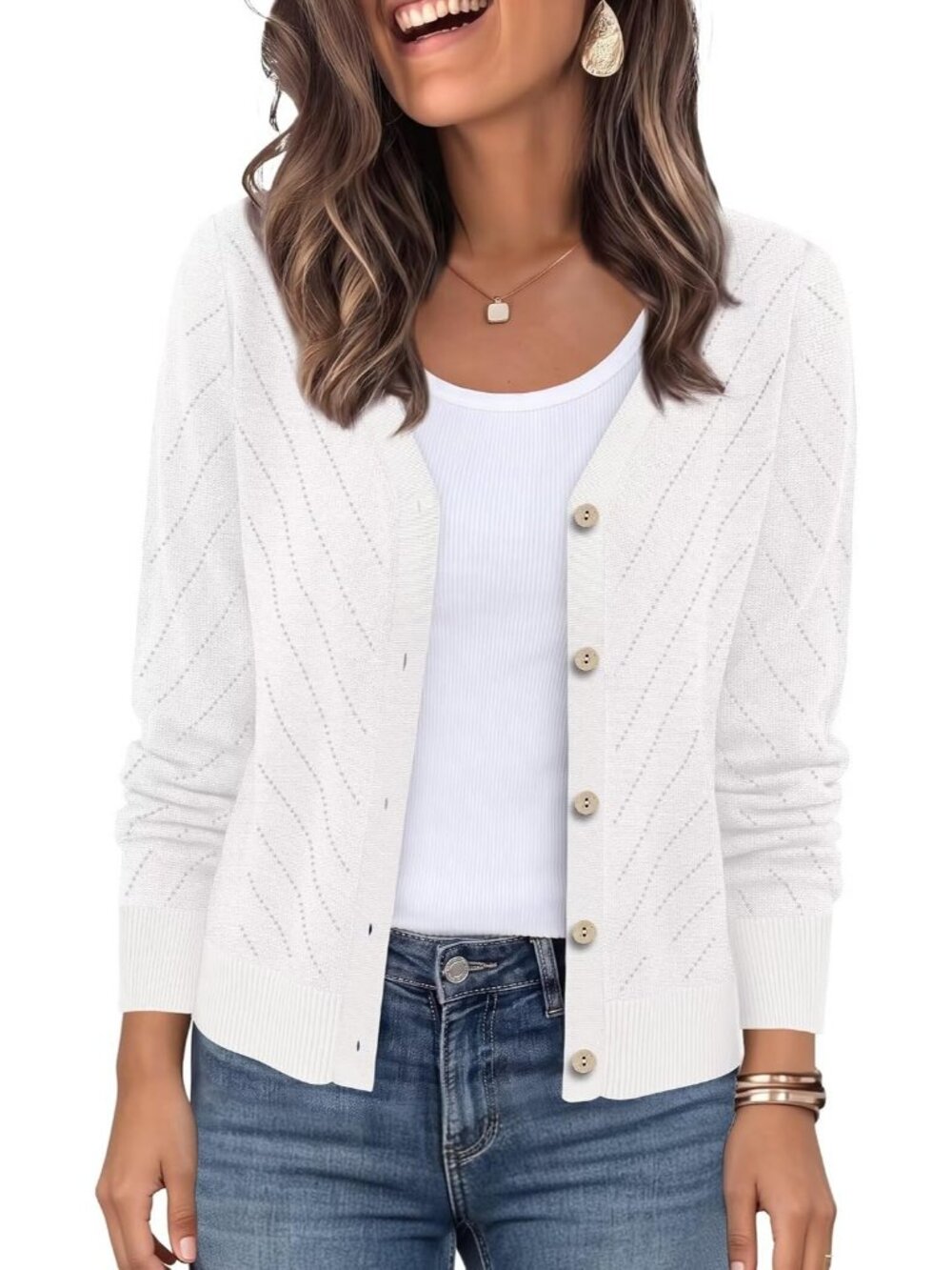 Women's White Cardigan V Neck Button Down Long Sleeve Diagonal Knit Sweaters